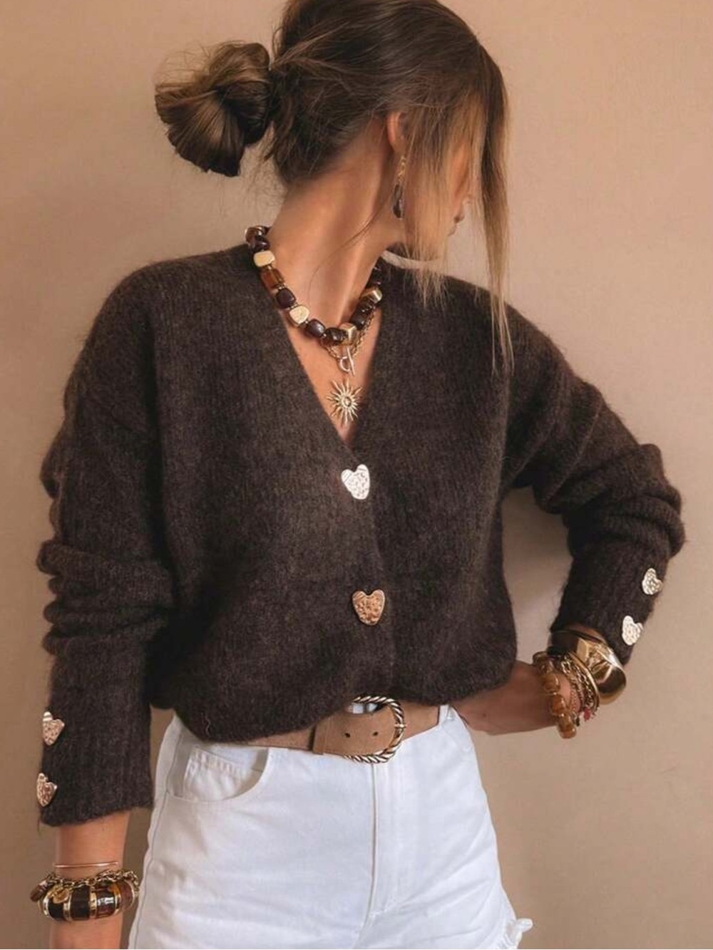 SEREN Women's V-Neck Knit Cardigan, Loose Oversized Style With Heart-Shaped